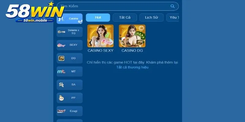 Bàn 58WIN live casino hiển thị thời gian rõ