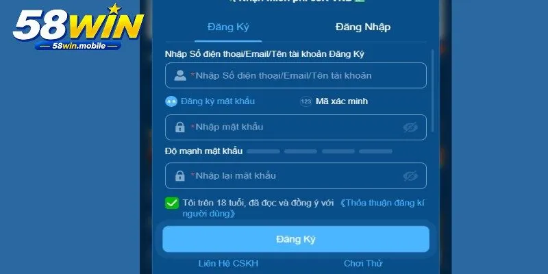 Hướng dẫn 58WIN giúp hoàn tất đăng ký