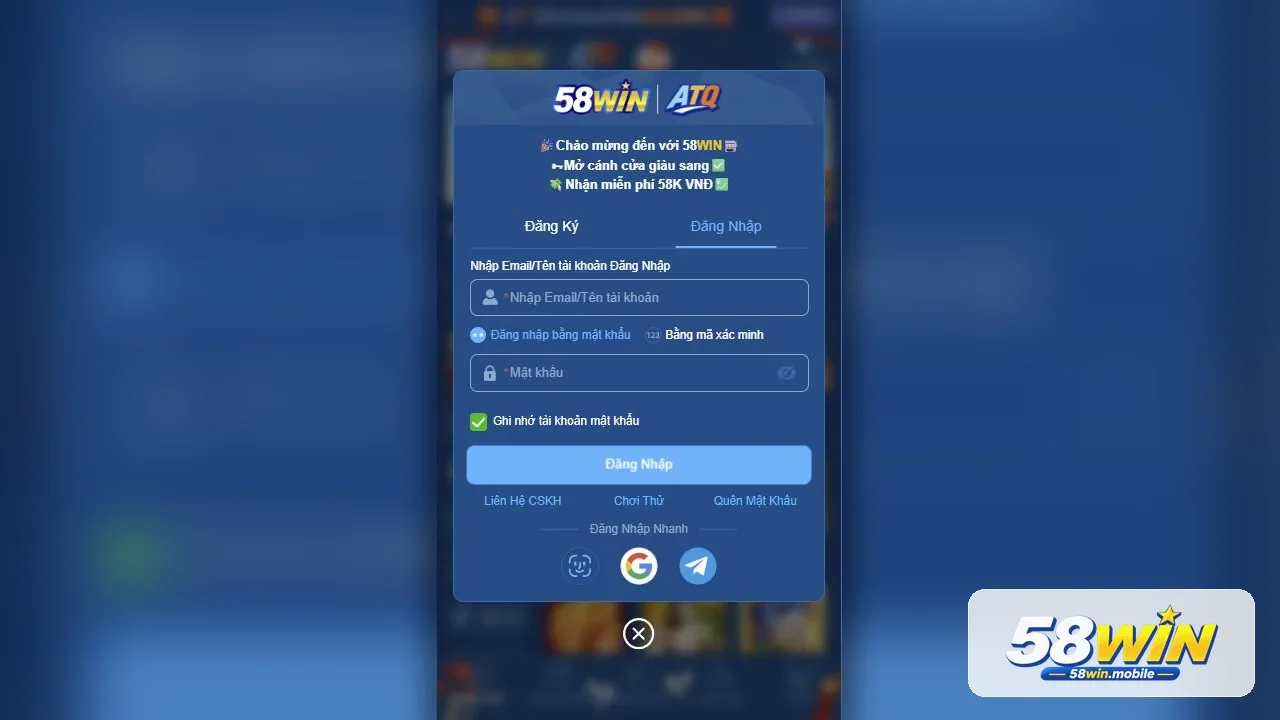 Biểu mẫu đăng nhập tài khoản 58WIN