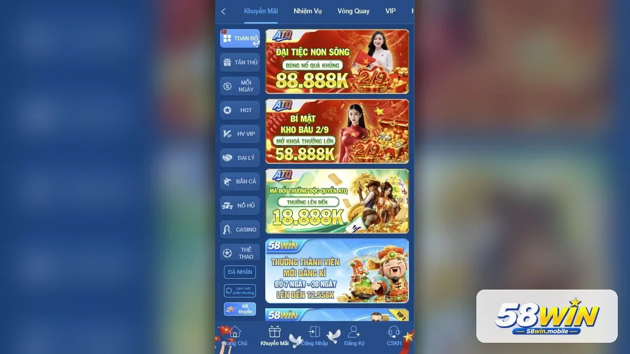 Khu vực khuyến mãi và ưu đãi tại 58WIN