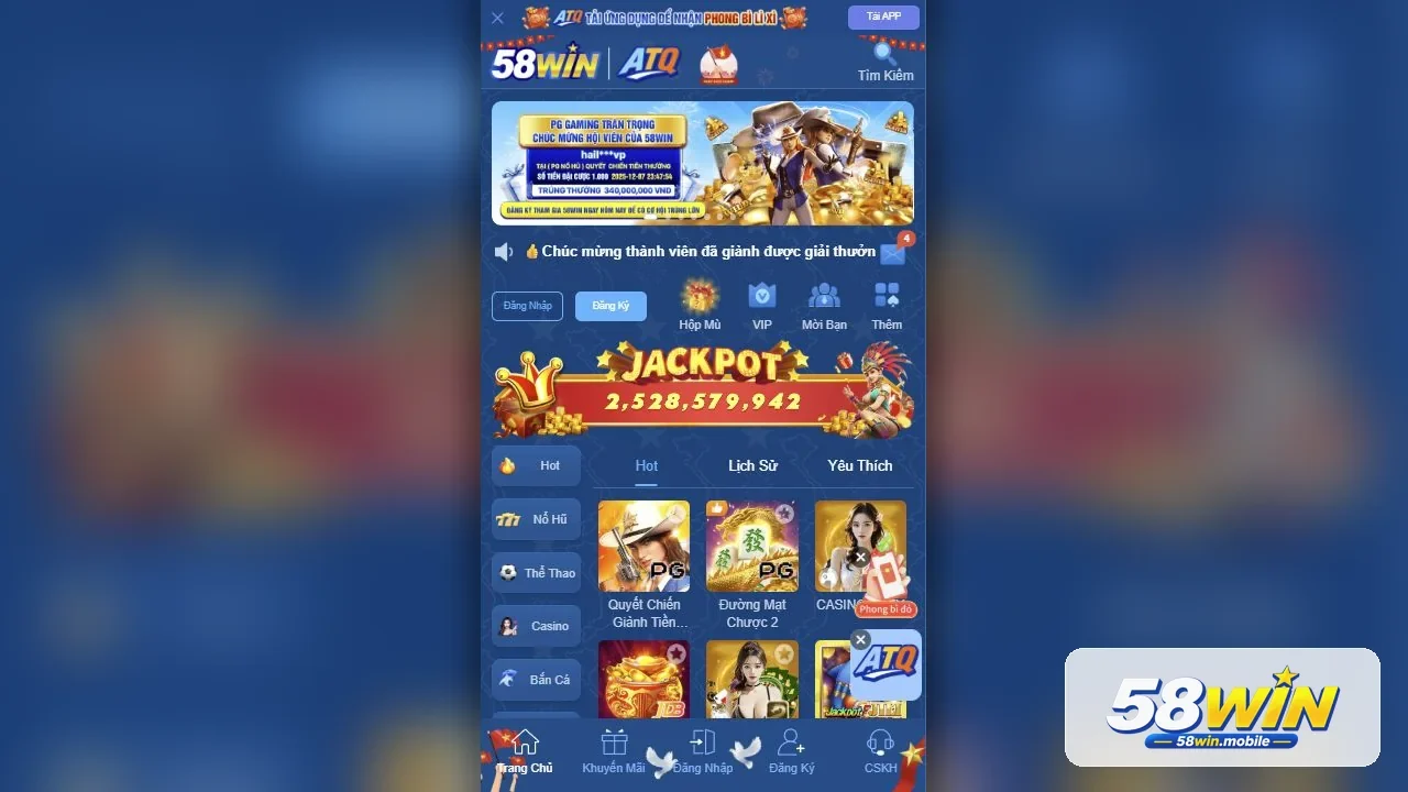 Giao diện trang chủ nhà cái 58WIN trên điện thoại